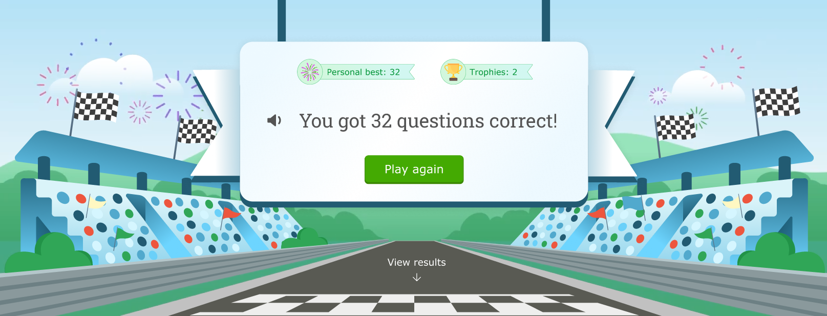 The results and celebration screen at the end of a Raceway challenge. The challenge says the student got 32 questions correct and set a new personal best, along with earning two trophies. A "play again" button is under this information, and further below is a prompt indicating the student can scroll down to see more complete results.