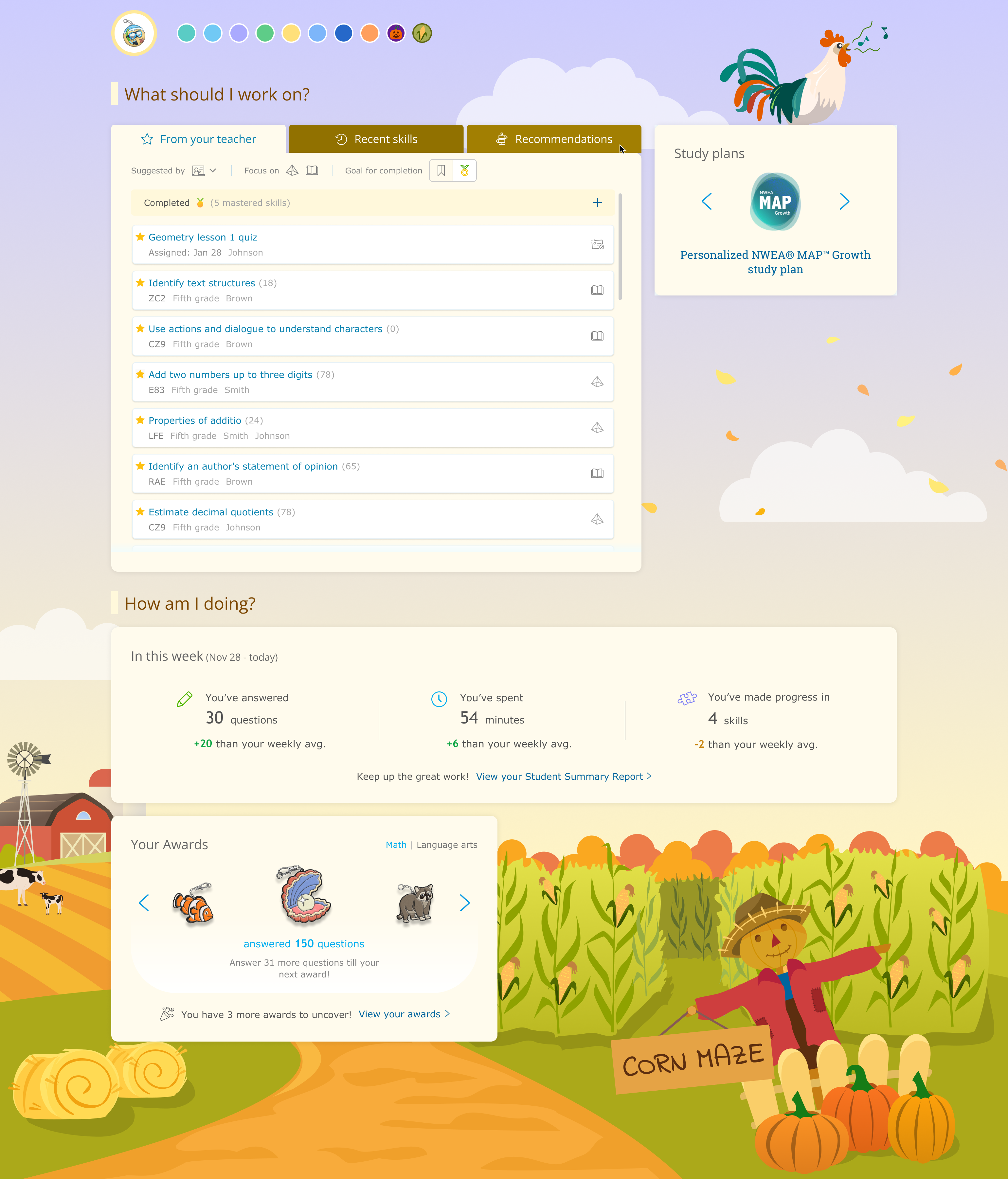 A student dashboard with the Farm theme. The background shows a country road between a farm and a corn maze with a scarecrow. Above is a yellow and purple sky, and above a module showing study plans there