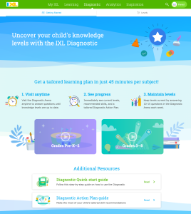 A page on the IXL website. At the top it says "Uncover your child's knowledge levels with the IXL Diagnostic." Below it says "Get a tailored learning plan in just 45 minutes per subject!" with three steps for doing so. Below that are two videos, one for grade PK-2 students and one for grade 3-8 students, on how to use the diagnostic. At the bottom are links to a Diagnostic quick-start guide and a Diagnostic Action Plan guide.