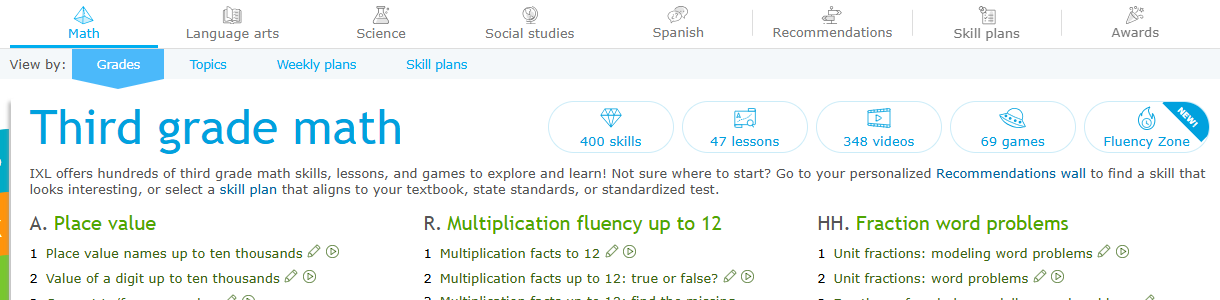 The top of the landing page for third grade math skills. On the right side of the page is a button for the Fluency Zone, next to buttons for skills, videos, lessons, and games. 