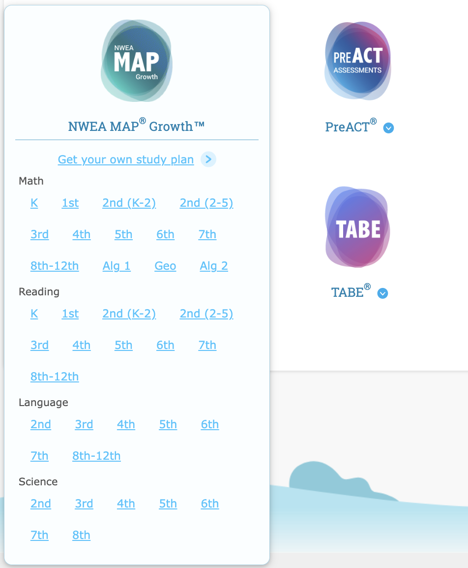 A list of test prep skill plans the NWEA MAP Growth highlighted, showing the grade levels and topics available as well as the option to get your own study plan.