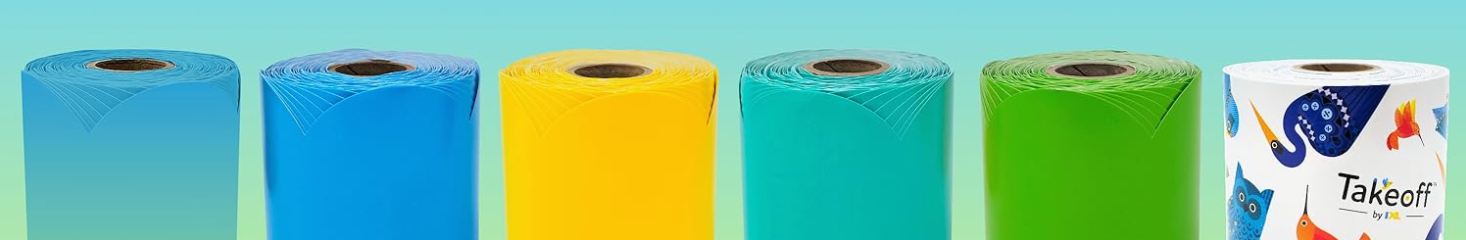 Six rolls of bulletin board borders. Five are in different colors, including blue, yellow, teal, green, and blue-green. One is decorated with birds and the Takeoff by IXL logo.