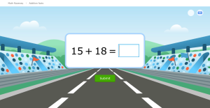 A Raceway challenge in progress. In front of a background of a racetrack flanked by stands filled with spectators, the challenge shows the math problem 15+18, along with an answer box and a submit button.