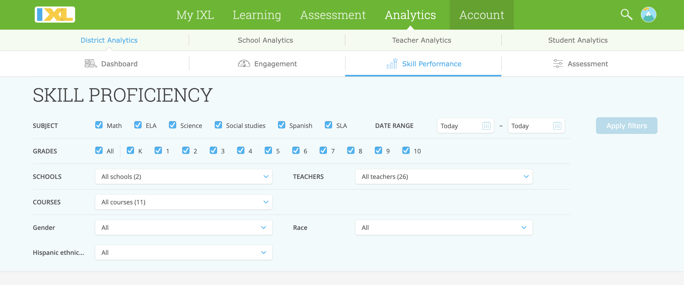 The top of the Skill Proficiency report, showing a large number of filters for subject, date range, grades, teachers, schools, courses, gender, race, and Hispanic ethnicity. 