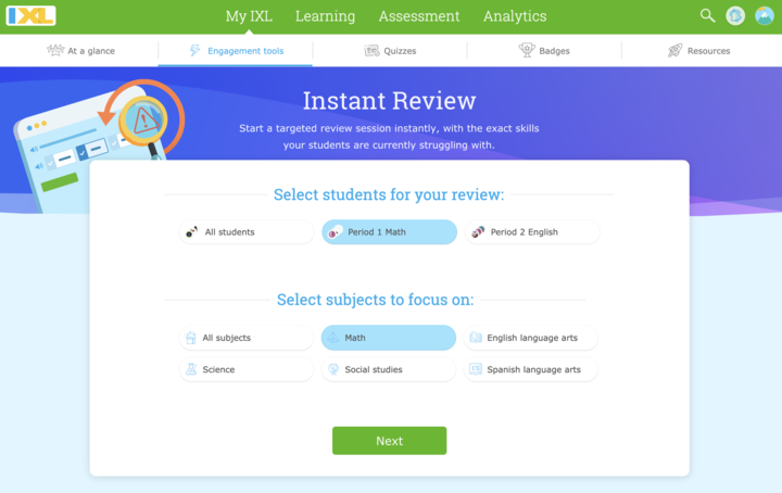The main menu for Instant Review, with options for which students should be included in the review and the subjects to focus on.