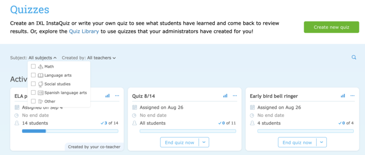 The IXL Quizzes dashboard. Near the top left of the page are two dropdown menus, one to filter by subject and the other to filter by creator. Near the top left of the page is a search bar.