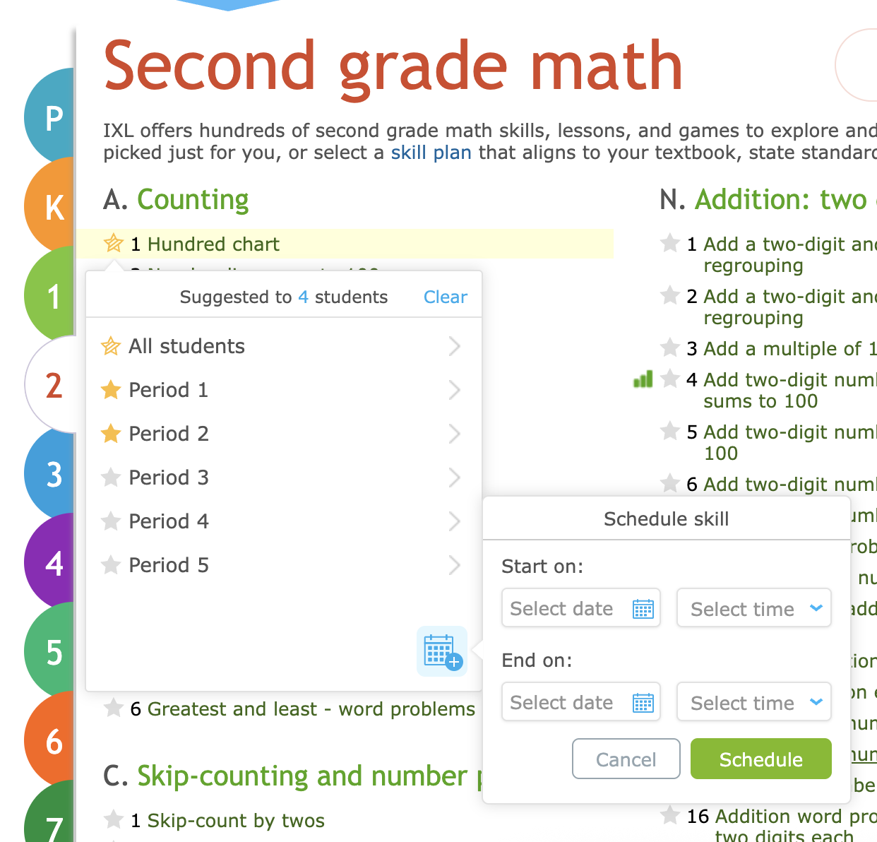 On a list a skills, a user has selected a skill to two classes of students. In the bottom right corner of the scheduling menu is a calendar icon, which is selected, opening a menu to schedule start and end dates and times for the suggested skill.