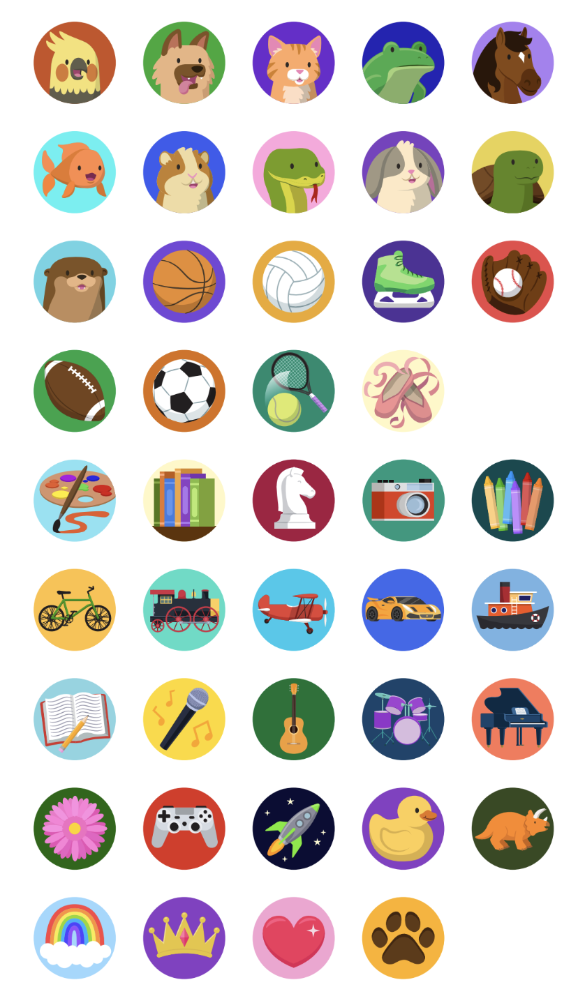 A collection of 43 round profile icons that Family users can now choose from. Icons are illustrations of animals, toys, and objects related to hobbies and sports. 