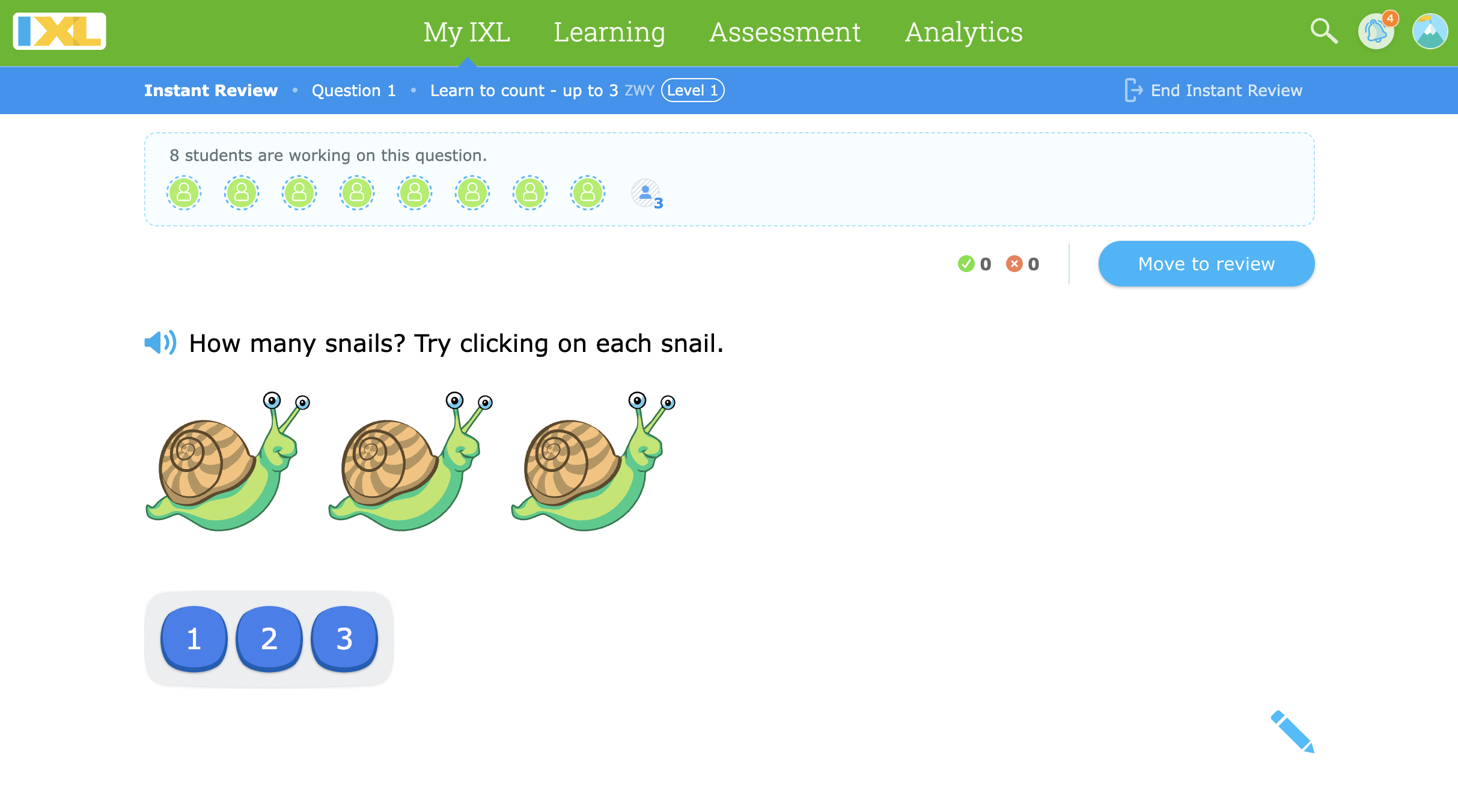 In an Instant Review, a teacher sees which of their students are working on a particular skill, as well as the number of correct and incorrect answers submitted so far. There is an option to move from this simultaneous skill practice to a review.