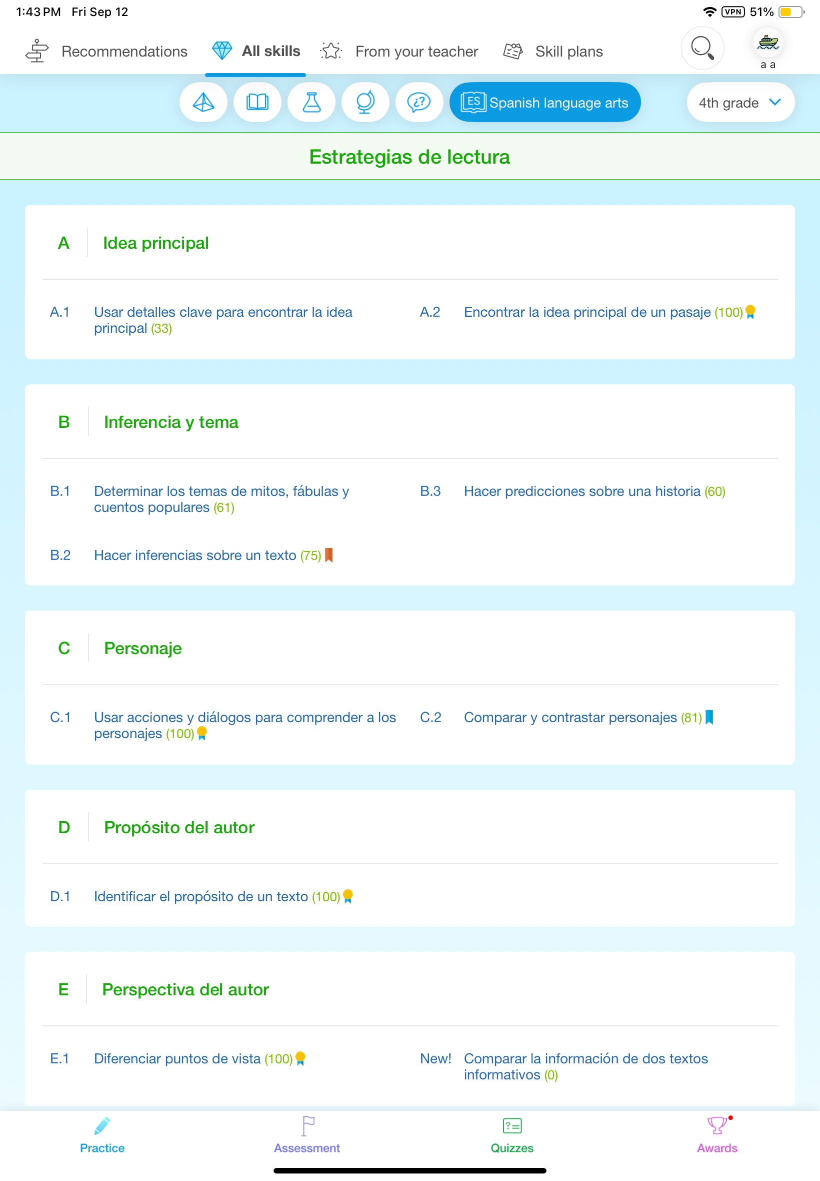 The Spanish Language Arts 4th grade landing page viewed on an iPad. The page shows five topics with skills related to each topic, with more topics listed lower on the page.