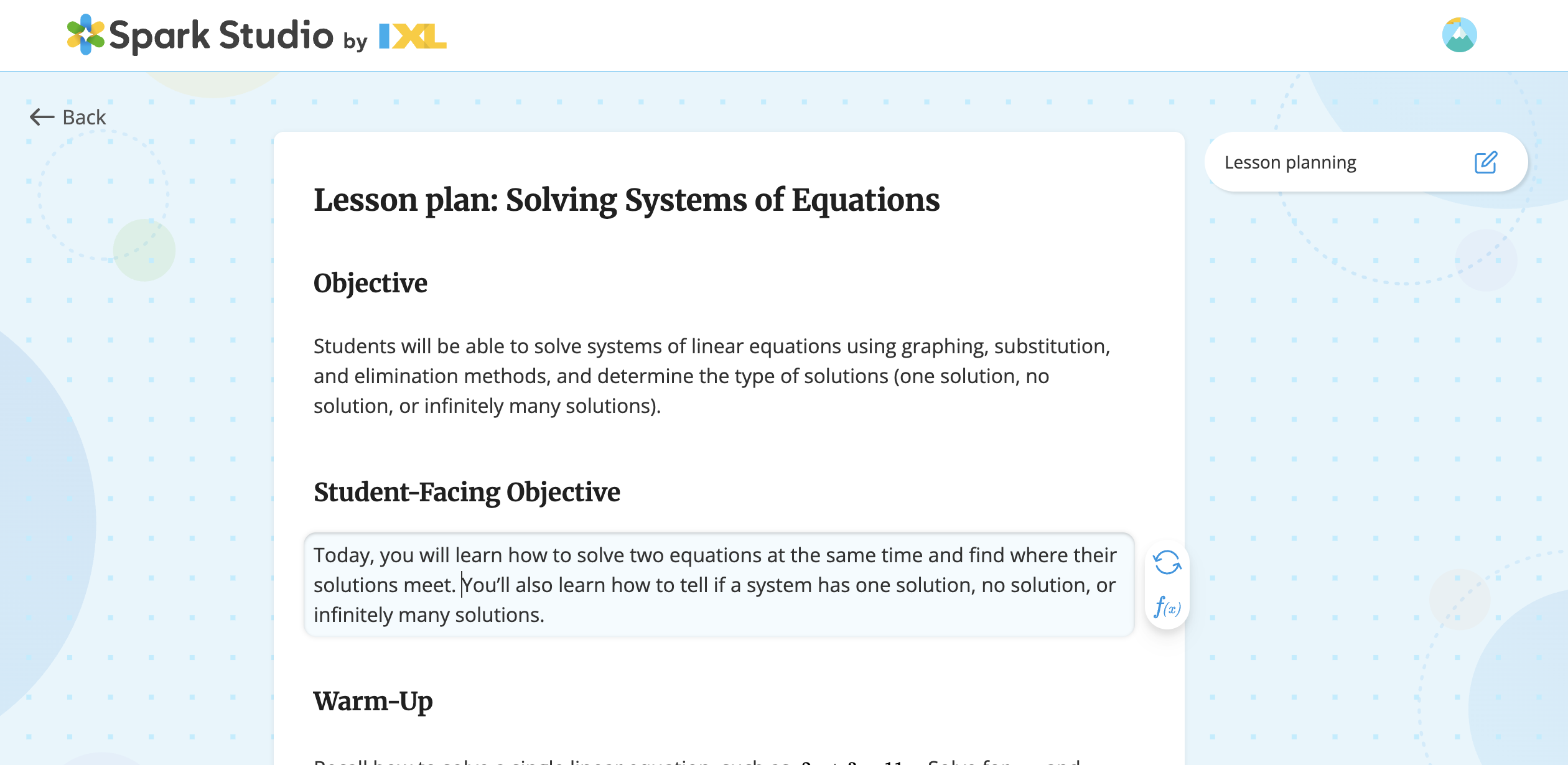 A lesson plan generated by Spark Studio. The user is editing one of the paragraphs. 