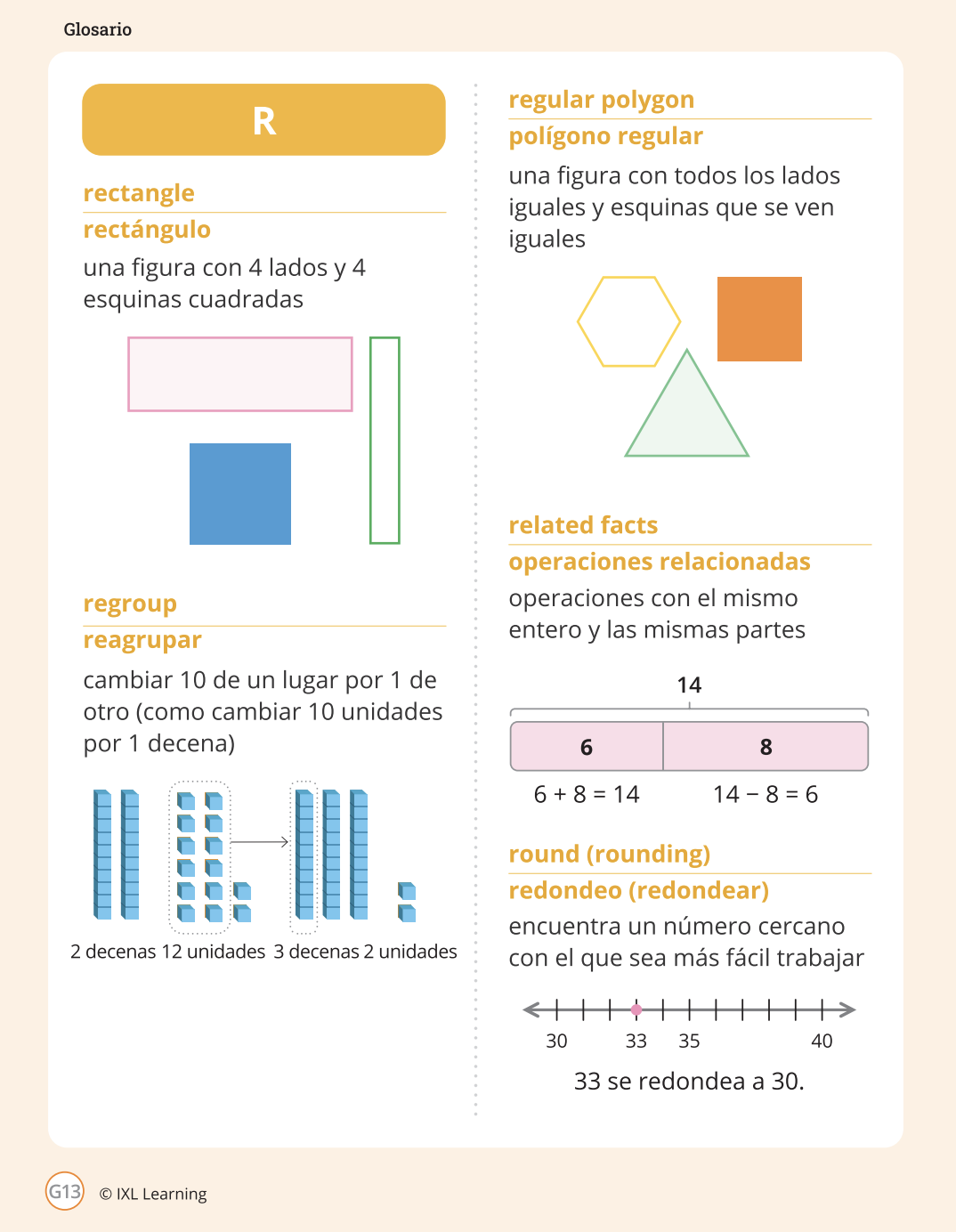 A Takeoff glossary page for the letter R, in Spanish. Each entry shows a word in both English and Spanish, the definition of the word in Spanish, and an image illustrating the word or demonstrating its concept. 