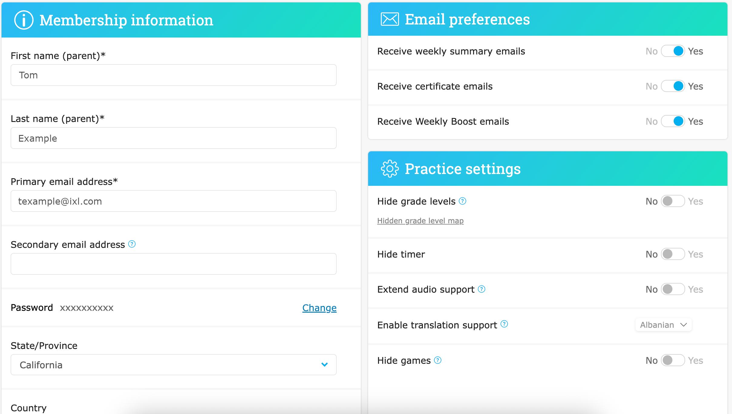The profile page for a family account. There is now a space to enter a secondary email address for the account.