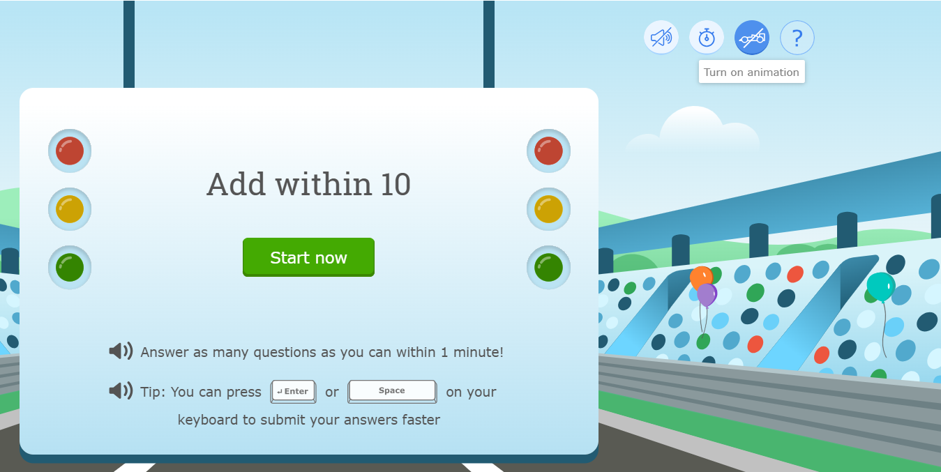 The start screen of an IXL Raceway challenge. In the top right is an option to turn the racing animation on or off.