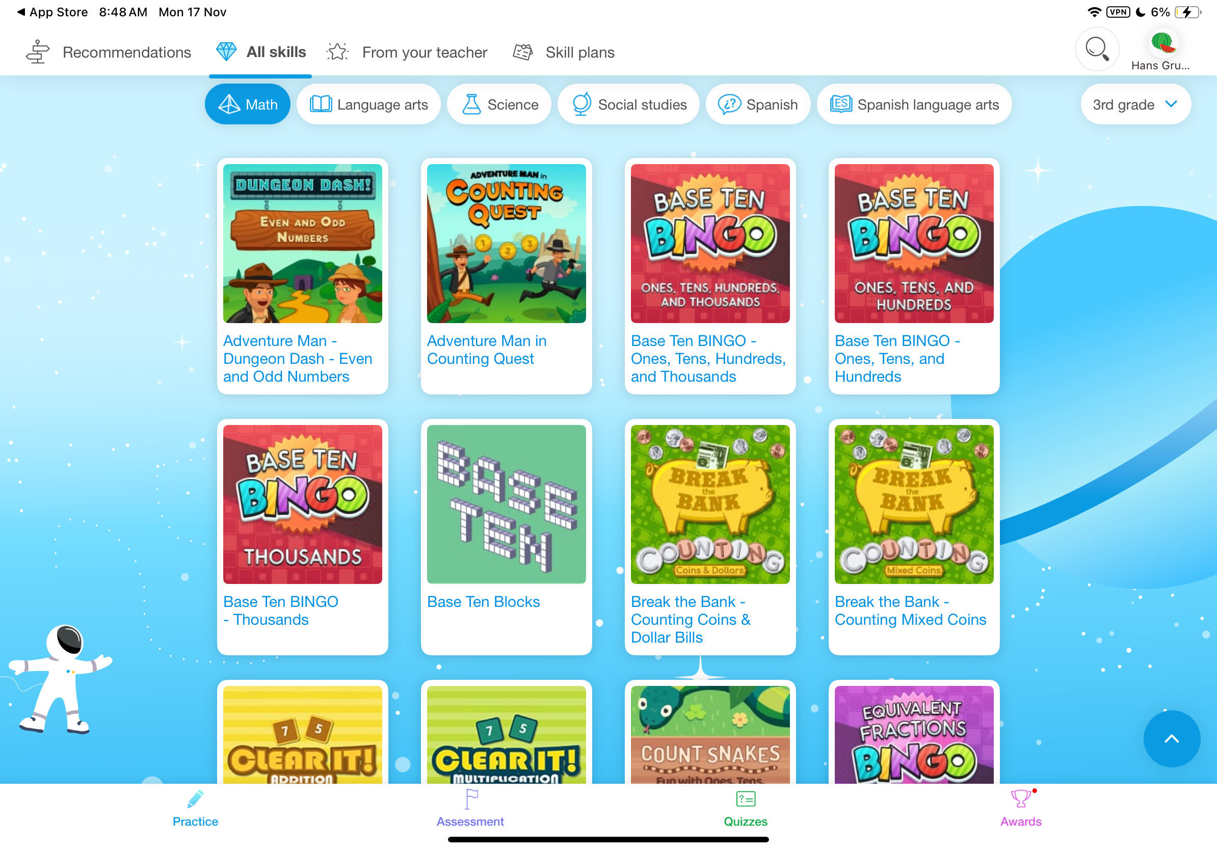 The Games section on the IXL iPad app. It