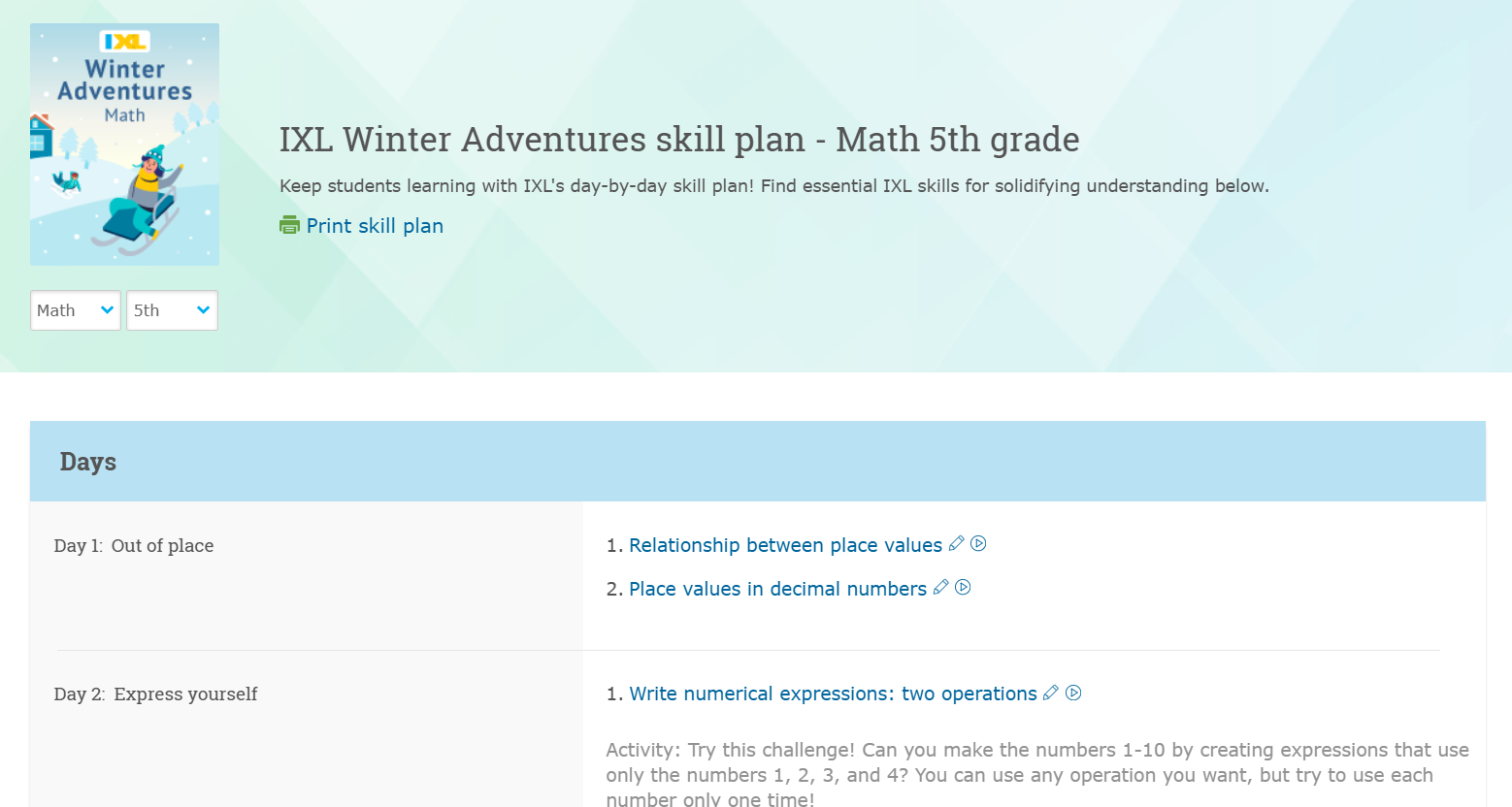 The Winter Adventures skill plan for 5th grade math. It shows two skills to practice for day 1. For day 2 it shows a skill and an activity to make numbers 1-10 using only expressions with the numbers 1, 2, 3, and 4.