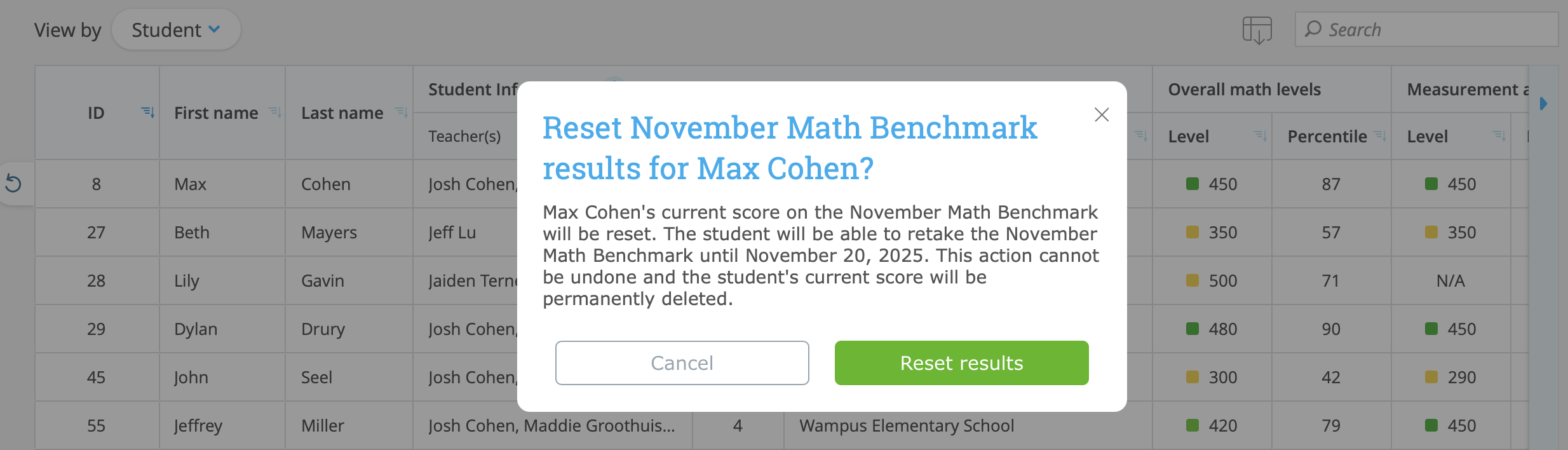 A popup menu confirming a reset of a student
