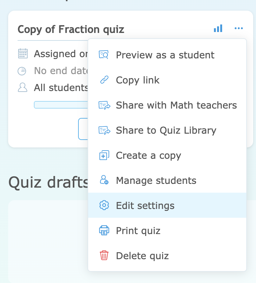 The options menu for a current IXL Quiz. The menu is open and the option "Edit settings" is highlighted.