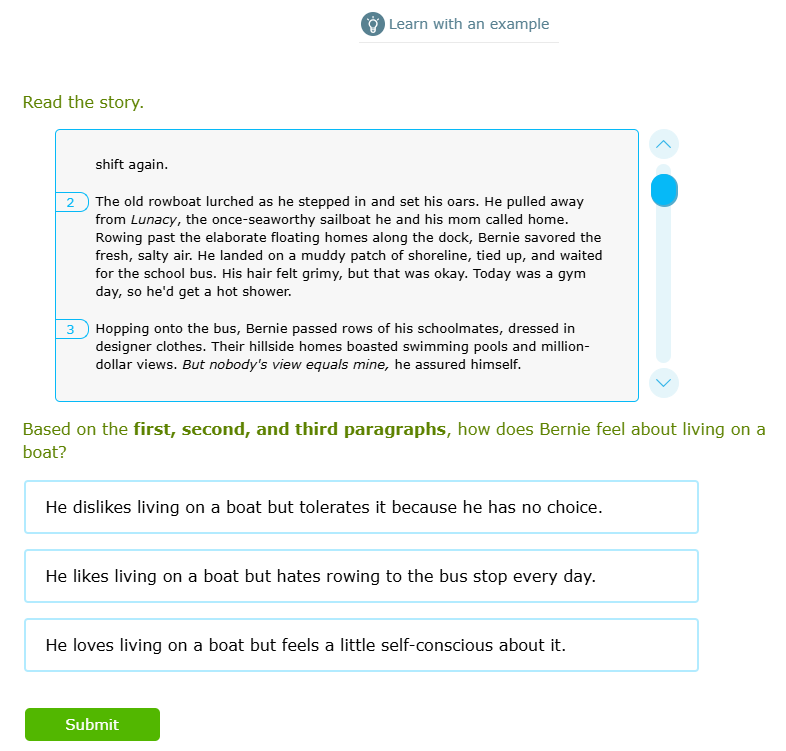 A question for the IXL skill "Analyze short stories." It shows a section of a short story for students to read, then asks how a specific character is feeling based on the first, second, and third paragraphs.