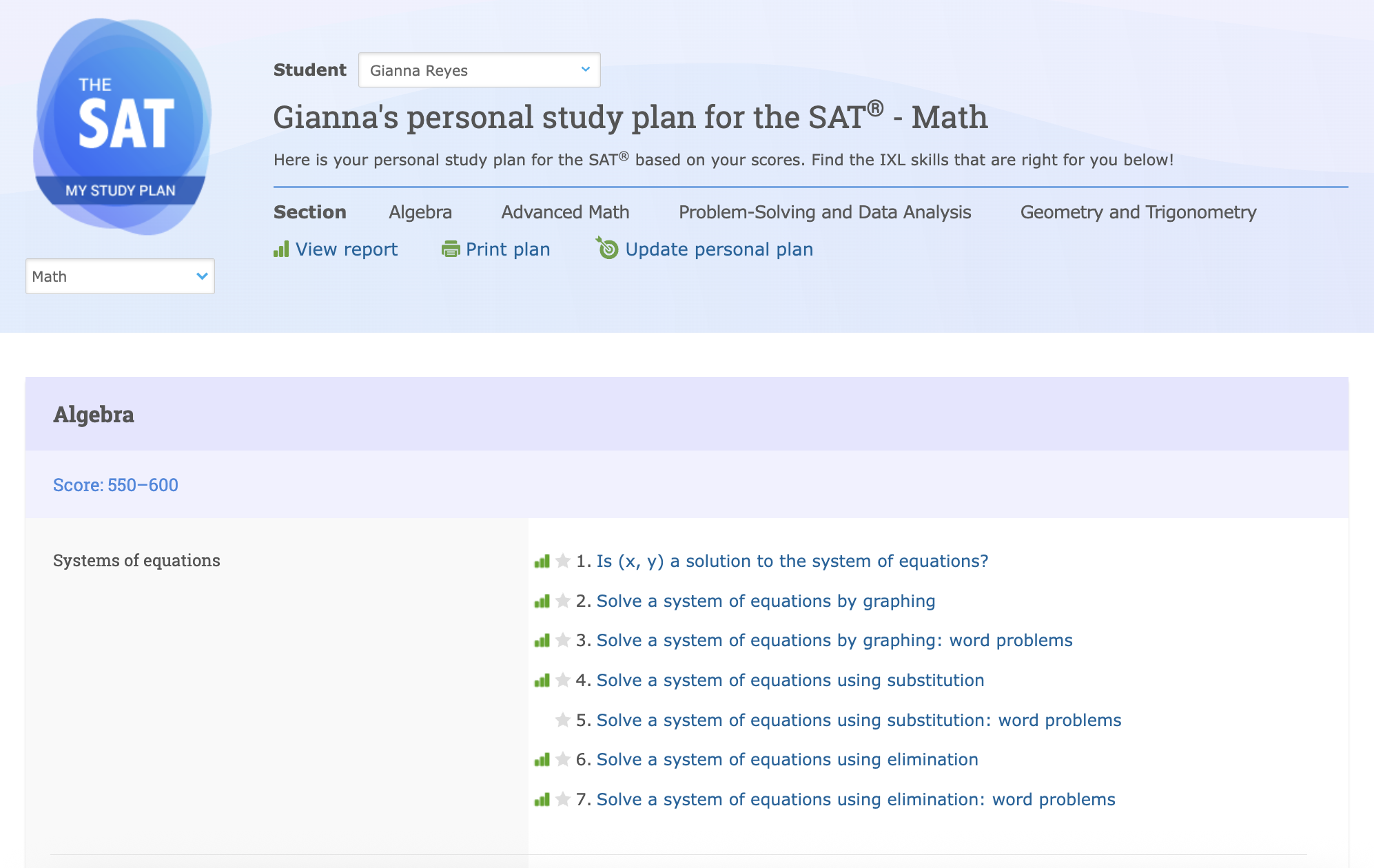 SAT study plan - Teacher view