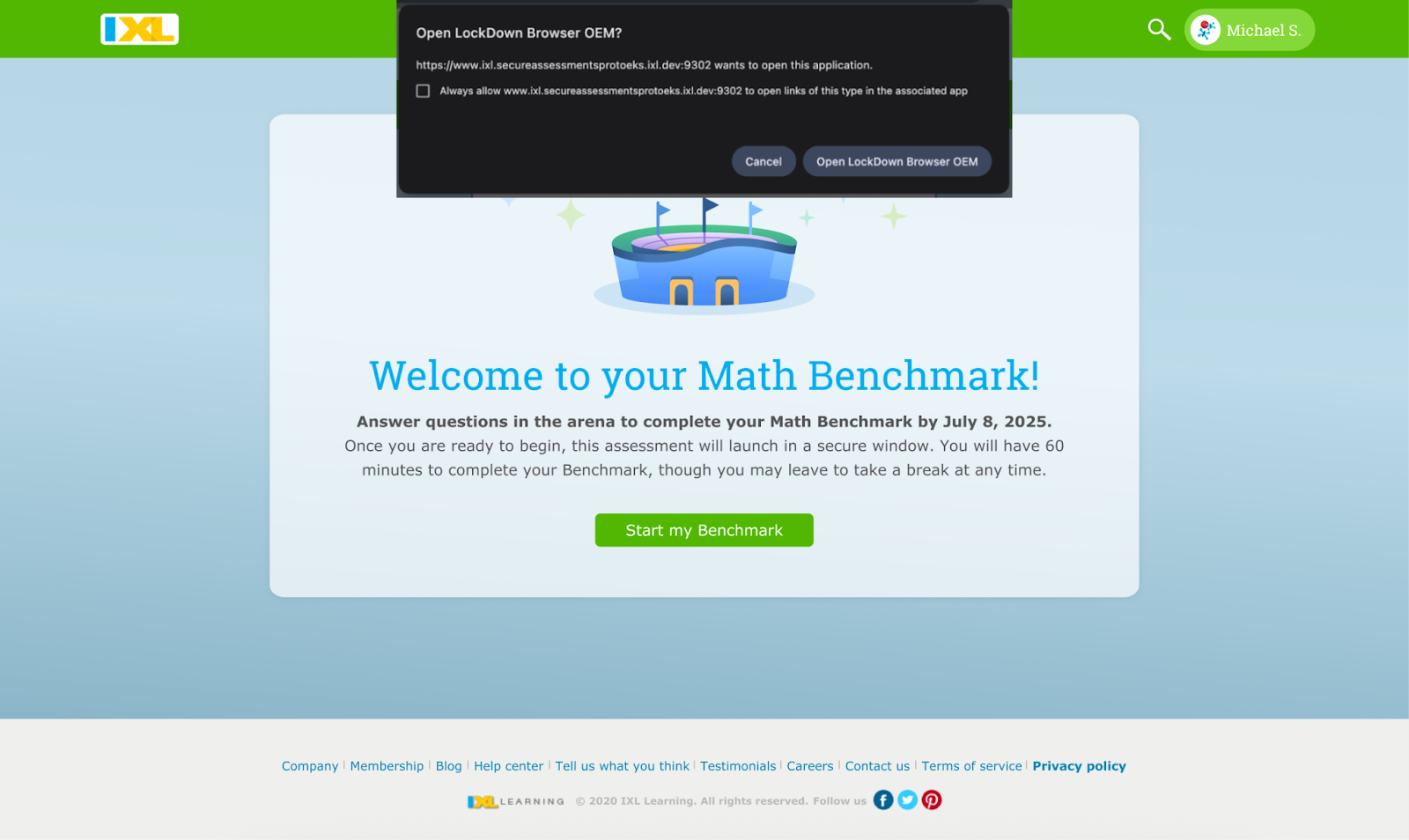 Over the start screen for a student math benchmark, a browser popup says "Open LockDown Browser OEM?" with an option to open the browser or cancel.
