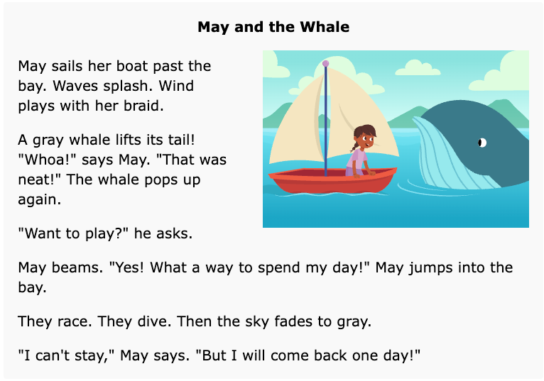 A screenshot of a short story about a girl named May who meets a whale. The story includes many long a words.