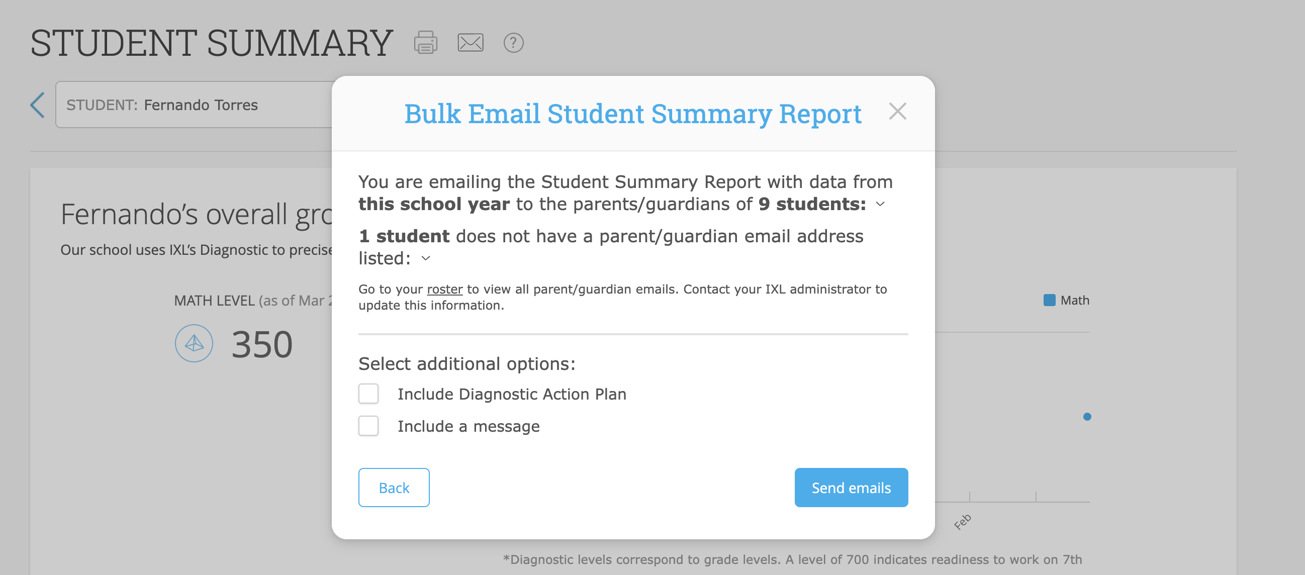 In front of the Student Summary report, a popup to bulk email the report. The popup states the number of parents/guardians being emailed, and has a warning that one student doesn