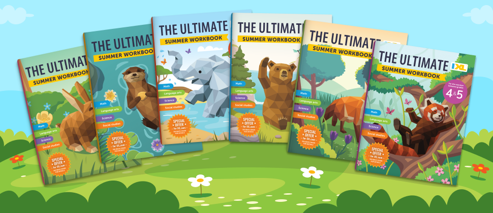 On an illustration of a grassy hill, the six Ultimate Summer Workbooks float side-by-side. Each cover has a different graphic of an animal on it.