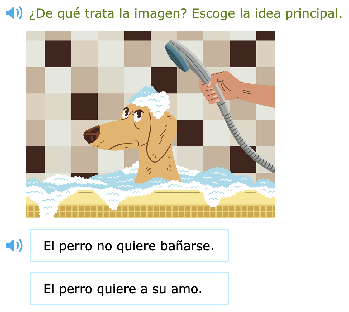 Early literacy SLA skill asking students to identify what the picture is showing. The picture is an illustration of an unhappy dog being bathed.