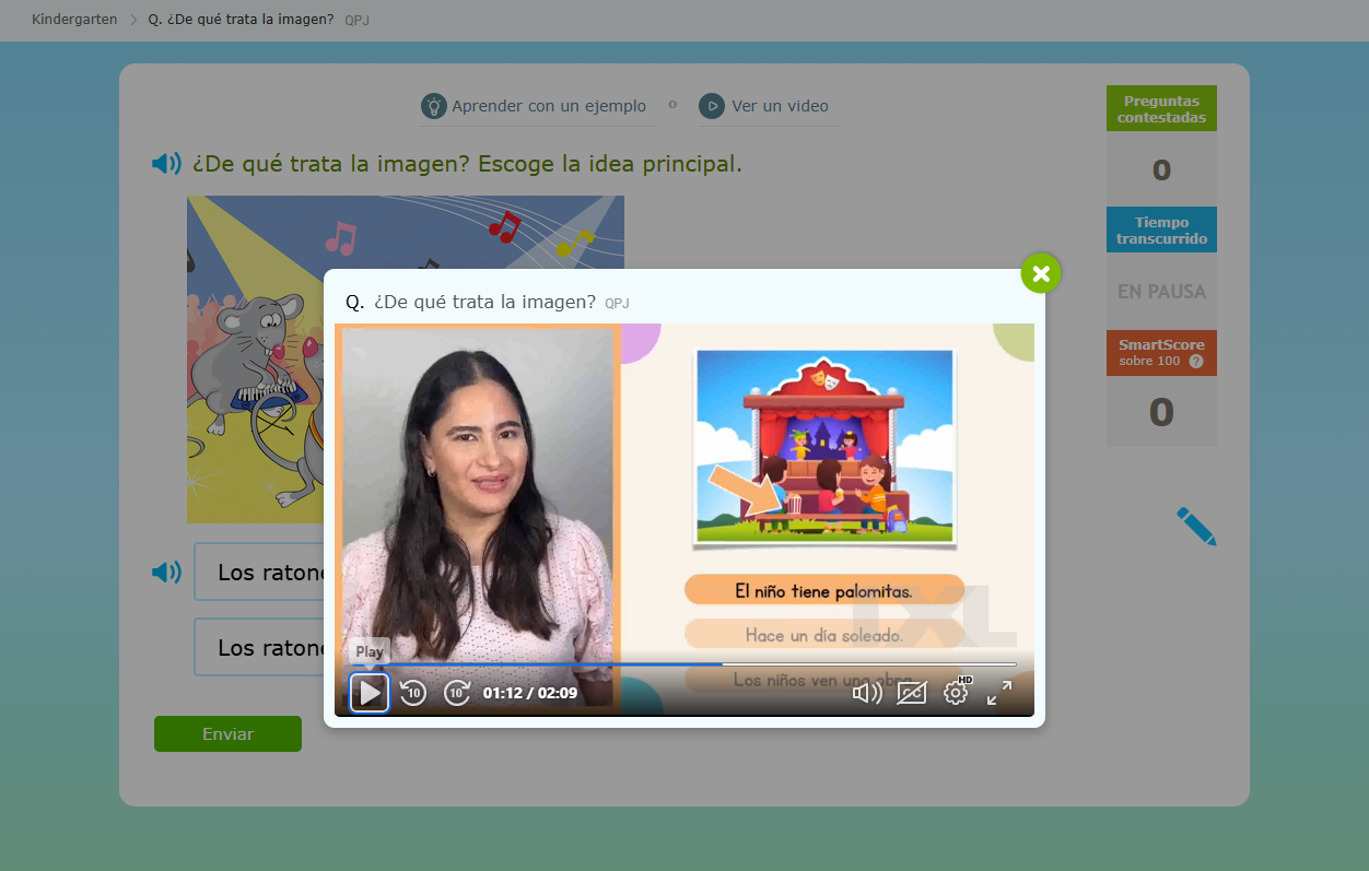 Over the IXL SLA skill "¿De qué trata la imagen?" a video plays. It is hosted by a woman, who walks through a multiple choice question.
