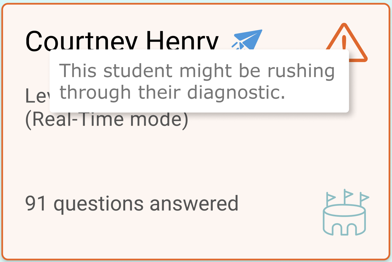 In a Live Classroom square for a student, a warning symbol is in the top right corner. Mousing over this symbol shows a message that says "This student might be rushing through their diagnostic."