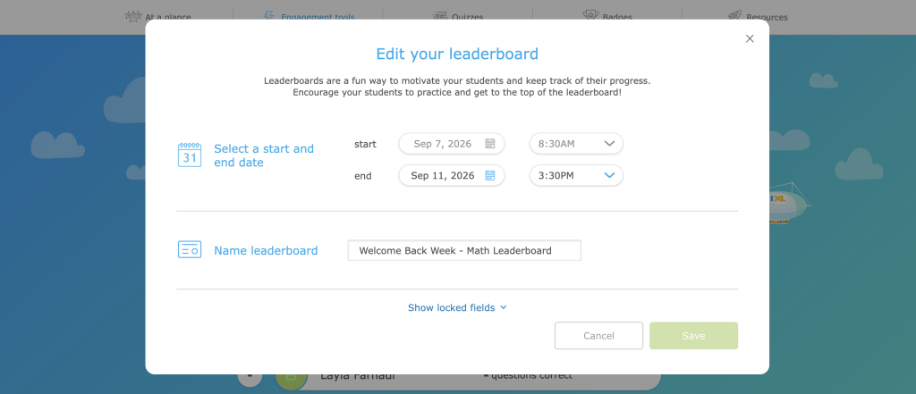 A menu to change Leaderboard settings. There are options to select new start and end dates and times, as well as rename the leaderboard.