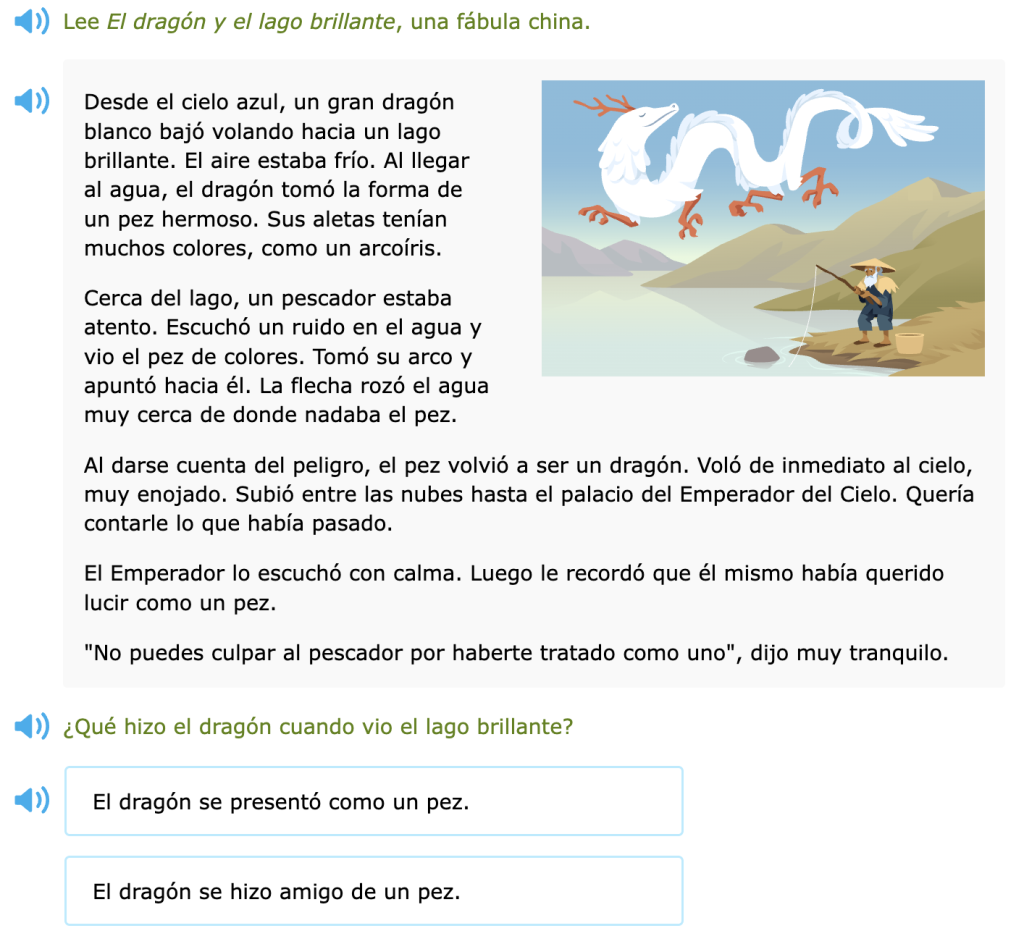 IXL SLA skill with a short passage about a Chinese dragon. Below is a question about the passage. To the right is an illustration of a fisherman with the Chinese dragon flying above him.