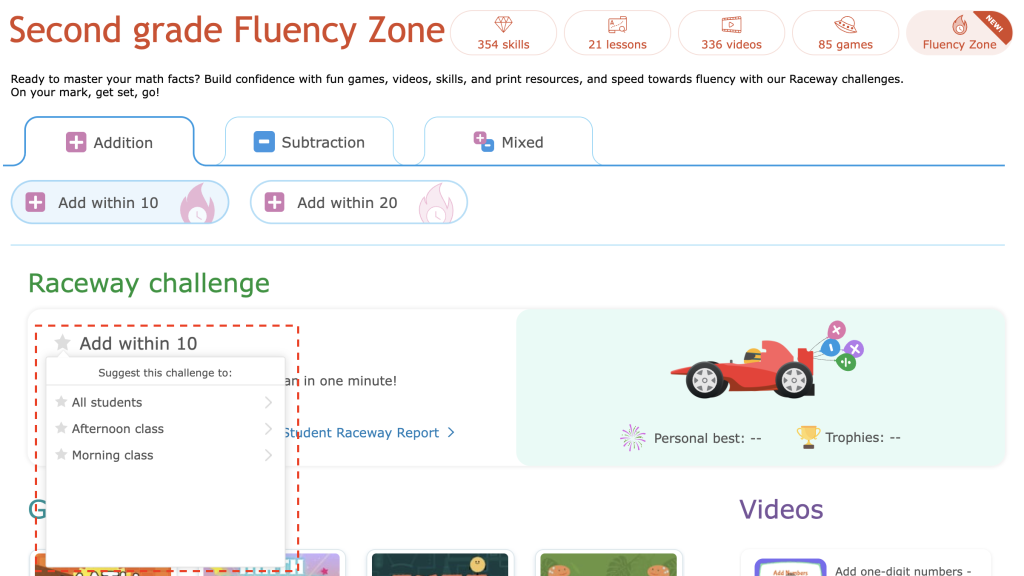 The second grade Fluency Zone. Next to the Raceway challenge "Add within 10" there is a star icon. Below this icon is a popup menu to suggest this challenge to all students or specific classes.