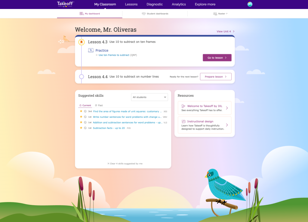 The teacher dashboard for the new Takeoff platform. It shows the lesson that
