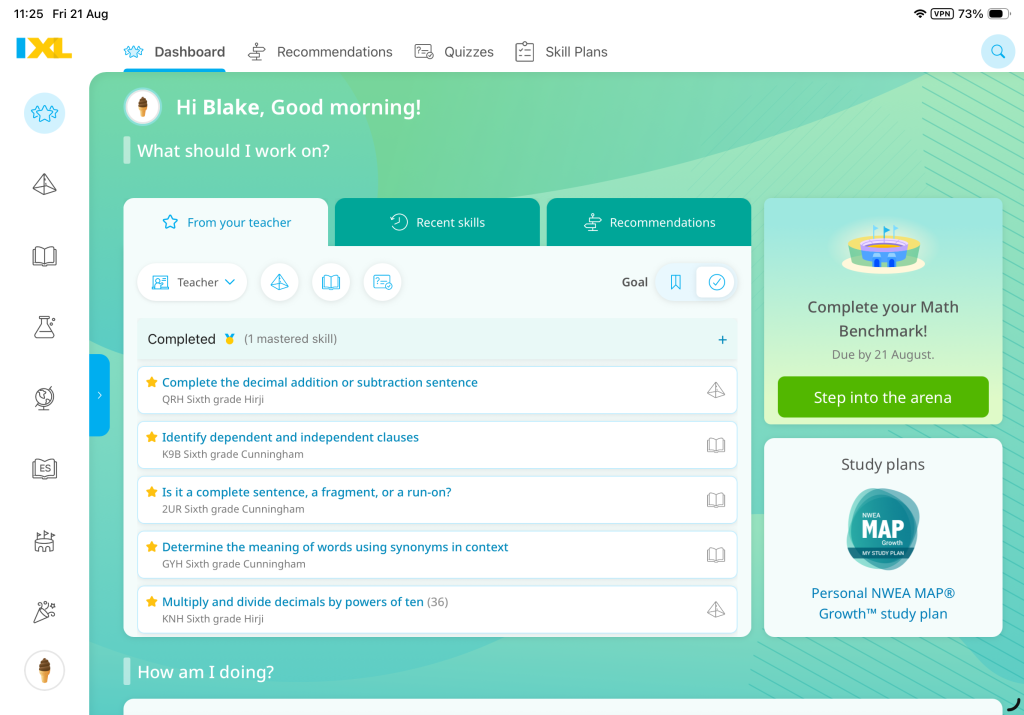 The student dashboard in the new IXL app. It looks like the student dashboard on the IXL website, but along the top is a navigation bar leading to the Recommendations wall, Quizzes, and Skill Plans. Along the left side is another navigation bar leading to IXL