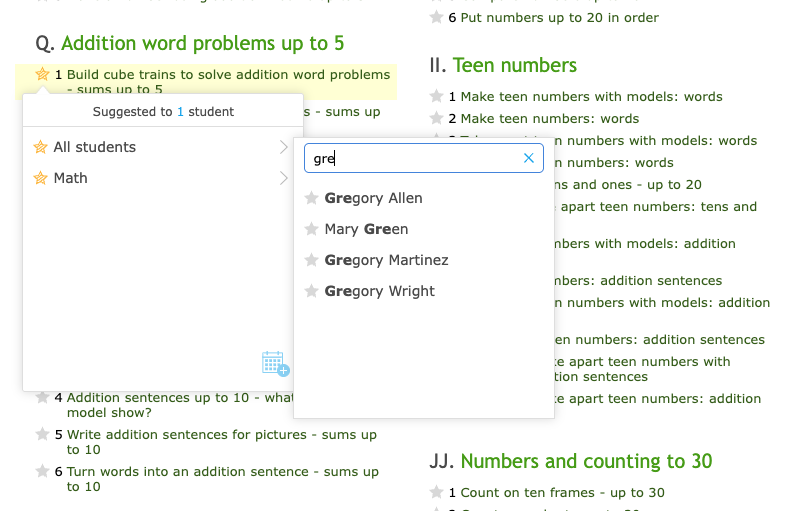 The skill suggestion menu, now with a search bar at the top. A teacher is typing "gre" and getting suggestions for students whose names contain those letters.
