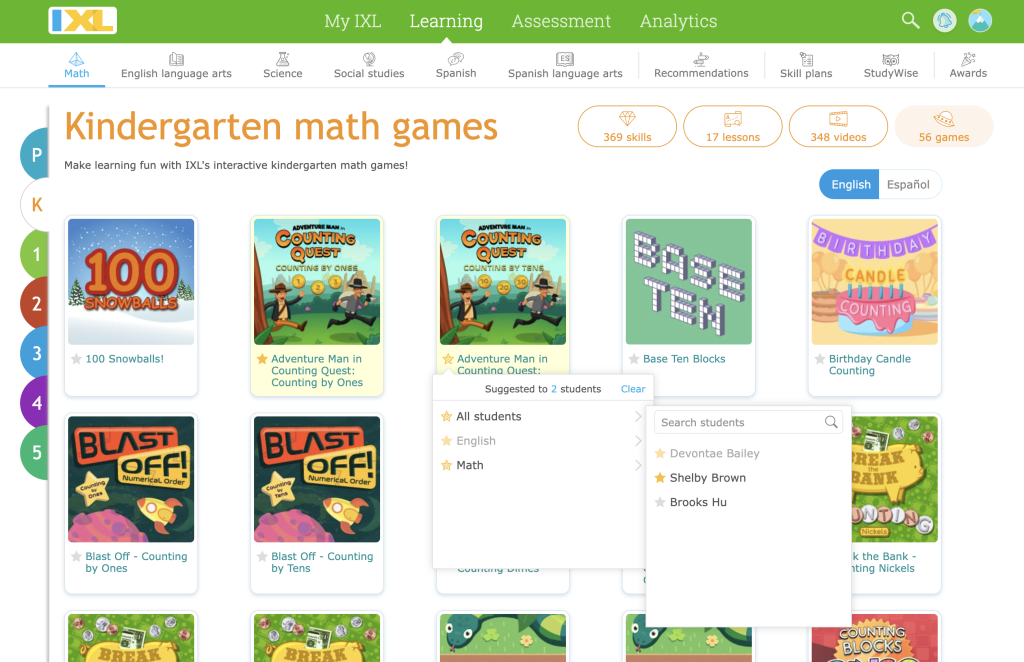 Kindergarten math games page. Under one of the games is a menu to suggest the game to students.